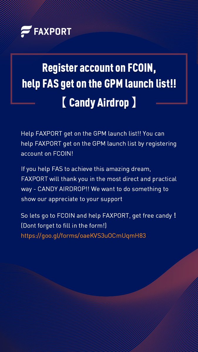 Faxport_EN's tweet photo. 【Candy Airdrop】Lets go to FCOIN and help FAXPORT, get free candy！😄😄😄

Register account on FCOIN, help FAS get on the GPM launch list!! 

(Dont forget to fill in the form!)
https://t.co/OC4Do1d78v https://t.co/14AcXAbJjP