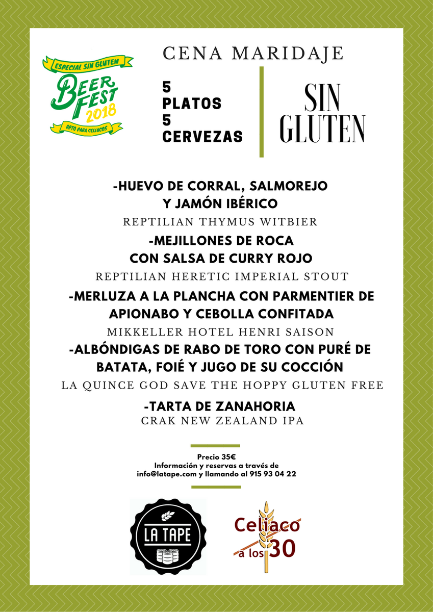 LaTapeMadrid's tweet photo. El jueves 19 julio, en el BeerFest18 Especial sin Gluten, organizamos una cena maridaje con platos y cervezas sin gluten 😋 
Contaremos con los comentarios de @celiacoalos30, Carlos Ávila y @ViktorHotmai de @LaTapeMadrid. Info y reservas en info@latape.com / 915930422 #glutenfree https://t.co/IGT4OTZD3i
