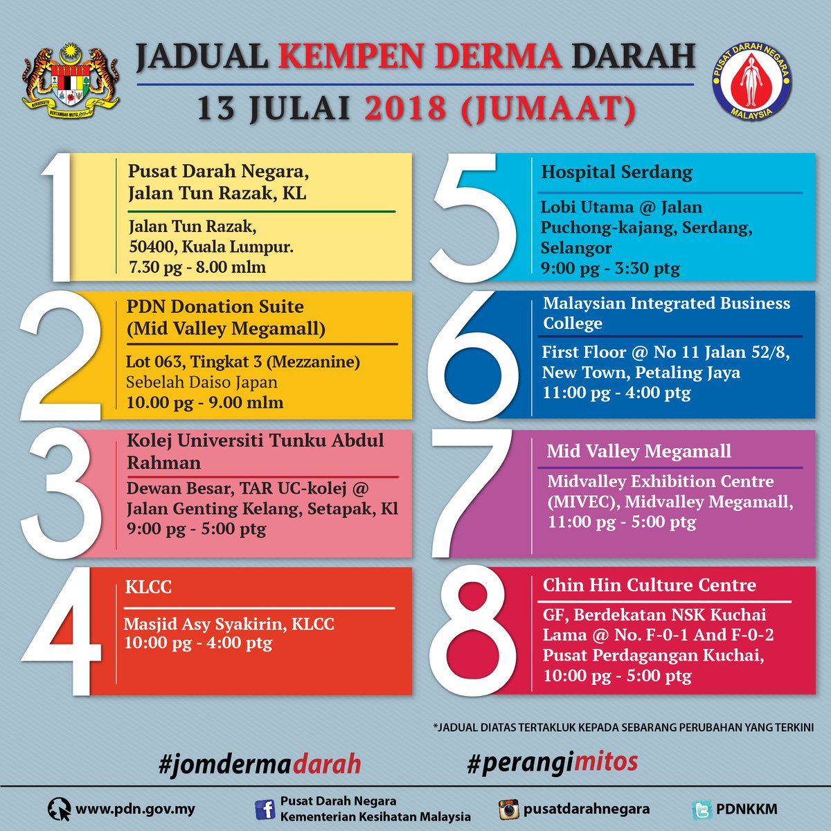 PDNKKM's tweet photo. Jadual Kempen Derma Darah
13 Julai 2018 (Jumaat)

* JADUAL INI TERTAKLUK KEPADA SEBARANG PINDAAN

#jomdermadarah
#perangimitos https://t.co/hlJey9oo37