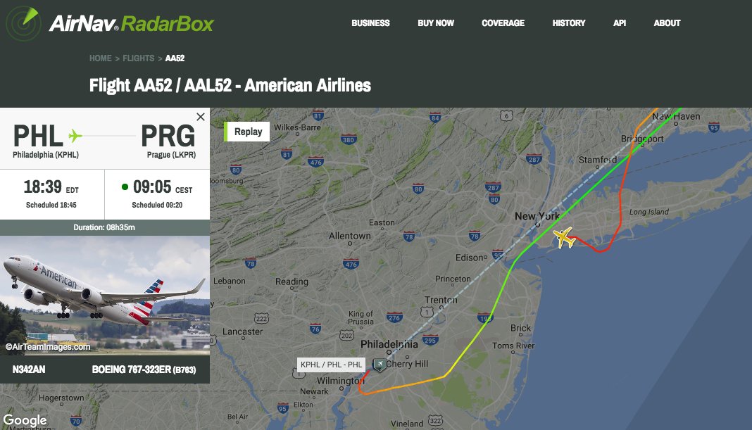 AirNavRadar's tweet photo. American Airlines #AA52 from Philadelphia to Prague has once again diverted #radarbox https://t.co/8NBvcfp68O https://t.co/ebZmTxGXWg
