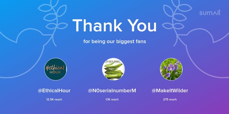 Our biggest fans this week: <a href="/EthicalHour/">Panfilo Filippelli-Cainero🕢️‍</a>, <a href="/N0serialnumberM/">NSN Mag/Fabric Experiments</a>, <a href="/MakeItWilder/">Make it Wild</a>. Thank you! via sumall.com/thankyou?utm_s…