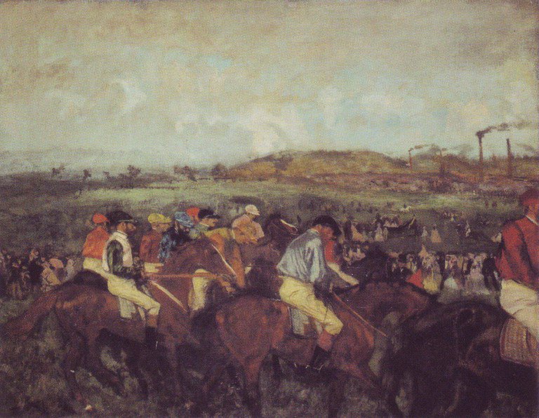 「スタートの前の紳士騎手」　エドガー・ドガ　1862年 レースのスタート前の騎手を描いた作品。騎手の表情は隠し淡々とレースに向かっているように見える。