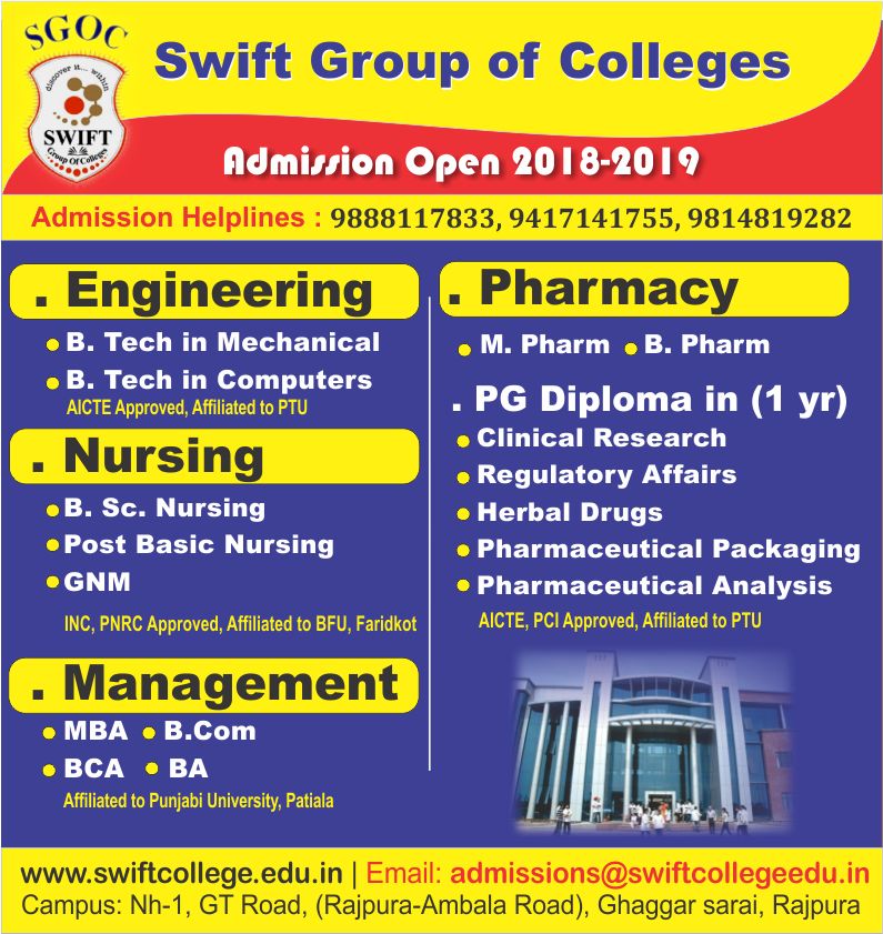 #admission #open #SwiftGroupOfColleges #rajpura #pg #diploma #pharmacy #clinicalresearch #regulatoryaffairs #pharmaceuticalanalysis #pharmaceutical #packaging #herbal #drugs nursing #management #engineering Give a call on +91 - 9888117833, 9417141755, 9814819282