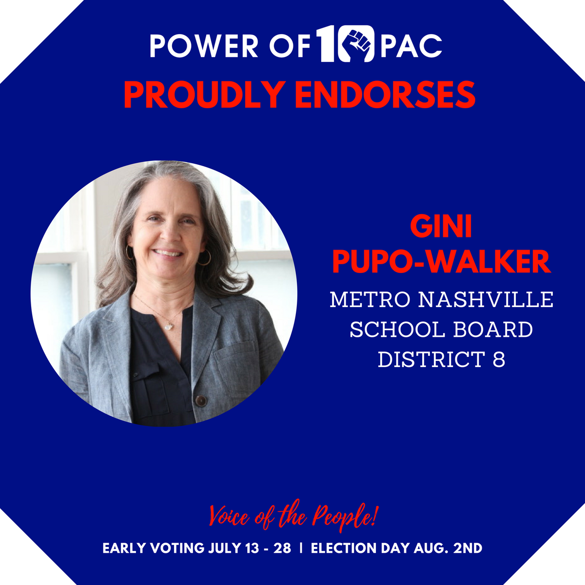 powerof10pac's tweet photo. We're proud to endorse @ginipupo for School Board, District 8. As a former educator, Gini has been a fierce advocate of Nashville students for decades and is primed and ready for this role.
Early voting starts tomorrow. Make the right choice.
#OurChoiceOurVote #ElectProgress https://t.co/sdUMve9MIs