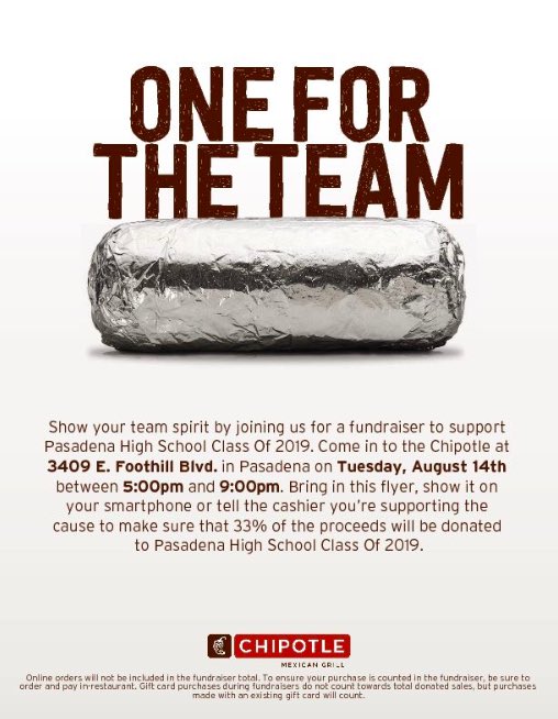 PasadenaCO2019's tweet photo. Our first fundraiser for the 2018-2019 school year has been approved! Save the date: August 14th from 5-9PM at Chipotle on Foothill. Bring everyone and they mommas! https://t.co/oiK07Z3DpF