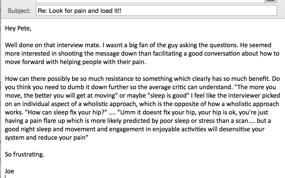 PeteOSullivanPT's tweet photo. AWESOME INSIGHTS FROM JOE (WHO HAD DISABLING LBP) REGARDING THE INTERVIEW I DID WITH on the Health Report ABC radio https://t.co/O3nTnUz1V4 @paintoolkit2 @MyCuppaJo I love the email handle "look for pain and load it"... https://t.co/TZVqaSJ6Z9