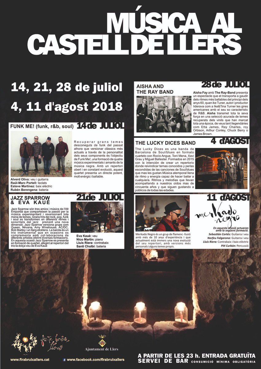 Recordeu! Dissabte 14 juliol a les 11 del vespre al Castell de #Llers. 
Concert <a href="/FunkMeMusic/">Funk Me!</a> #Empordà #Concert #Festivals