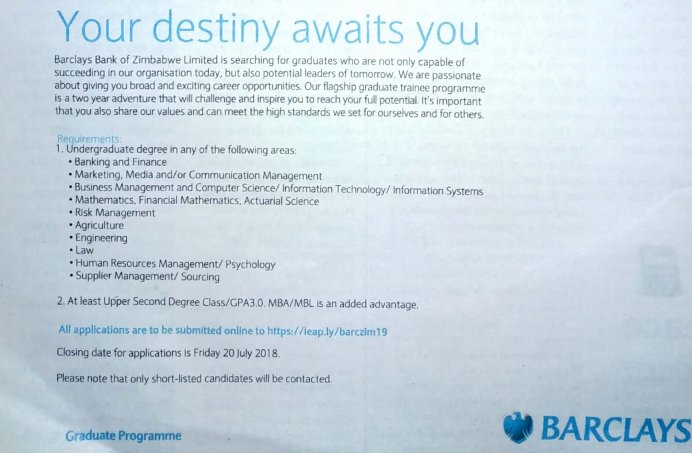 UCTAlumniZim's tweet photo. Barclays Bank 2018 Grad Programme. Application deadline 20 July 2018. Please RT. https://t.co/UZoATZacyP