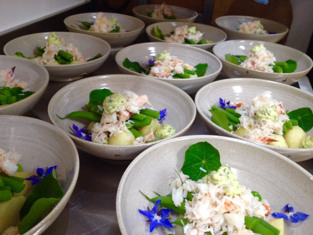 This week's starter: Neist Point crab, new season potatoes, french beans &amp; broad beans from @skyeveg with borage flowers &amp; nasturtium