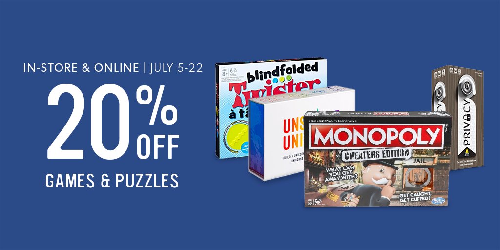 Stock up on some new Games &amp; Puzzles for your next game night and save 20% OFF! In-store and online. Exclusions apply. July 5-22. &lt;a href="indig.ca/01mYp3"&gt;indig.ca/01mYp3&lt;/a&gt;