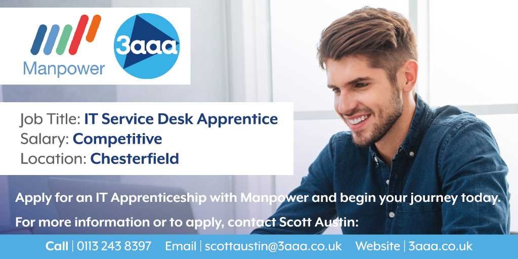 3aaaUKSheffield's tweet photo. Do you have a friend looking for a job in IT? We have a fantastic apprenticeship vacancy with Manpower.  Don’t forget if you’re a current apprentice with us, if you successfully refer a friend you could win a voucher! Call: 01132438397 or Email: scottaustin@3aaa.co.uk https://t.co/bIQD5Jxumc