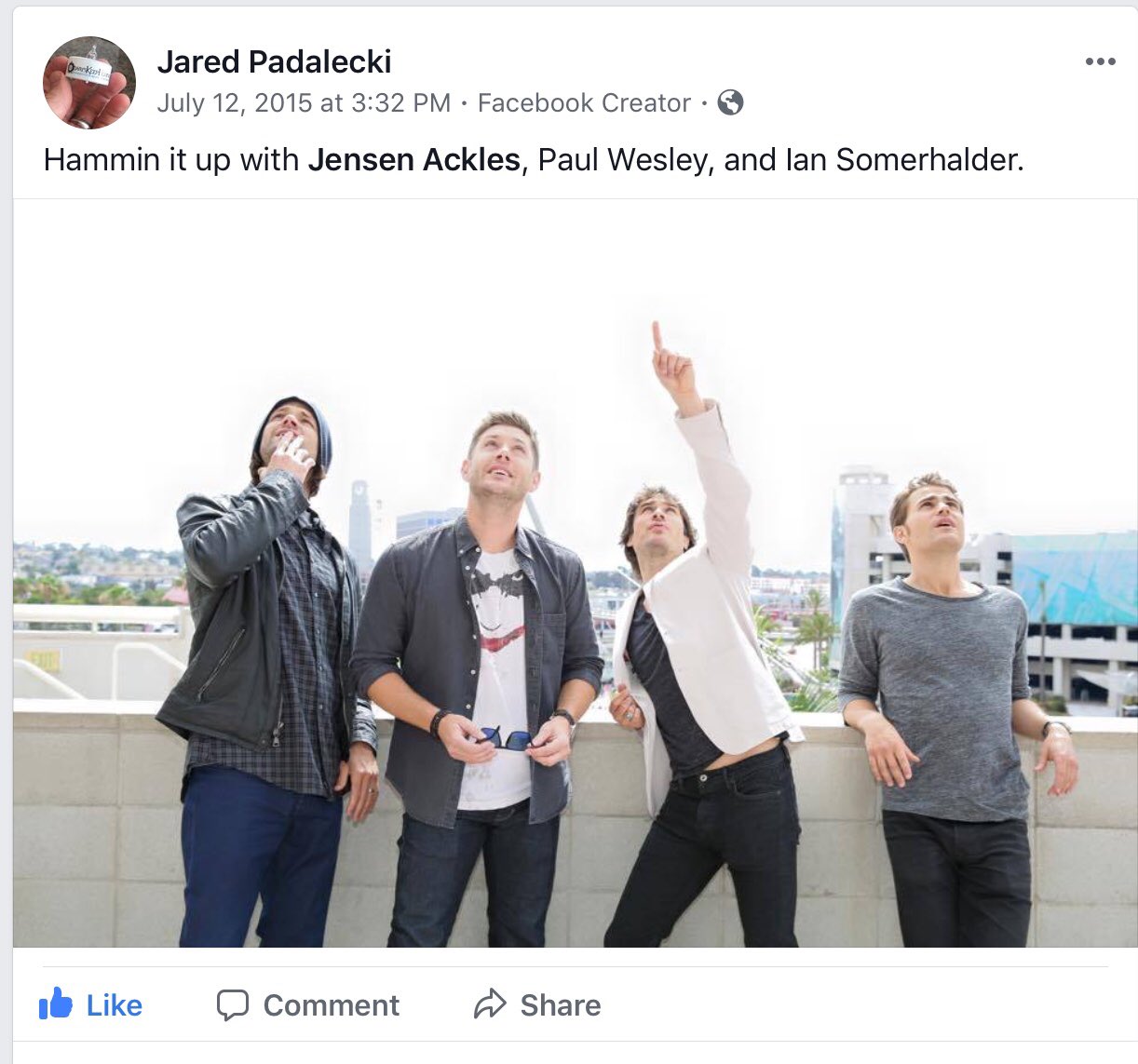 Twitter 上的kim On This Day In J2 History July 12th 15 Jared Posted This Picture Of Himself Jensen Paul And Ian From Comic Con On Facebook T Co M9j8eb29ix Twitter
