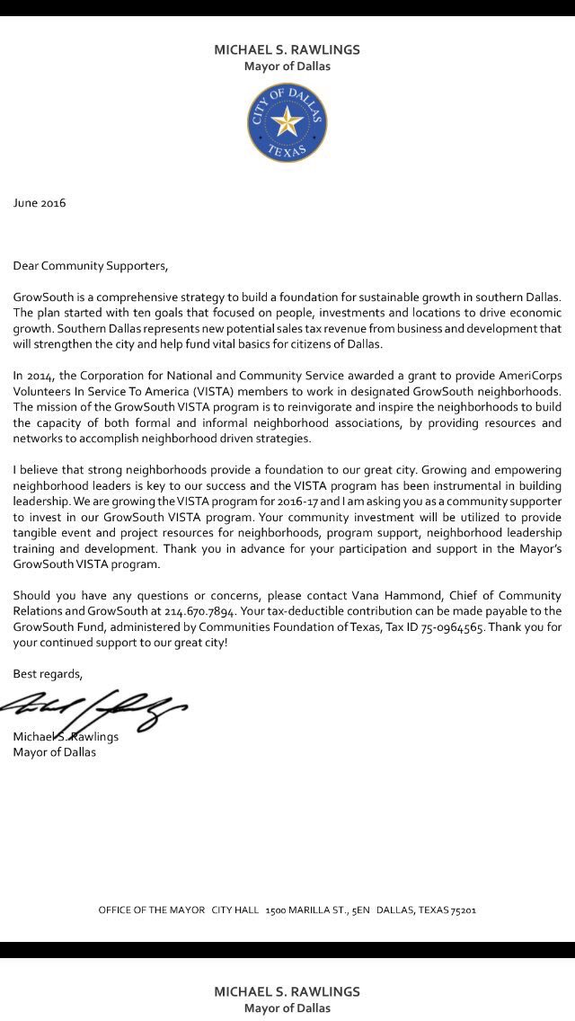 Want to support our work with S. Dallas neighborhoods?!

We’ve attached a letter here from Mayor <a href="/Mike_Rawlings/">Mike Rawlings</a>. Ask us about support levels and the perks! (You will be recognized). Funds go to support beautification projects, 501c3 status’, association startups, etc.