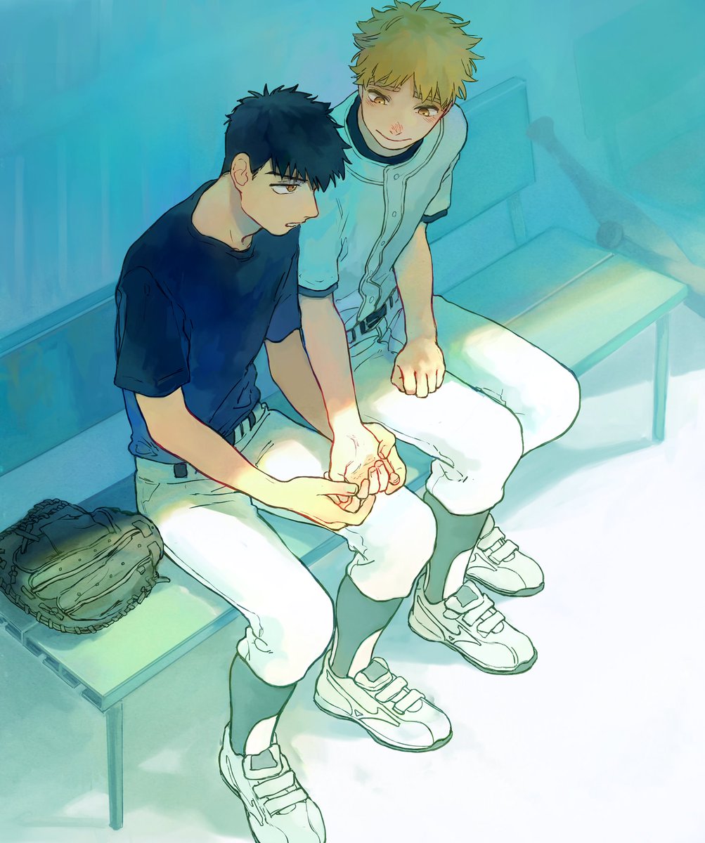 multiple boys 2boys baseball uniform sportswear male focus sitting black hair  illustration images