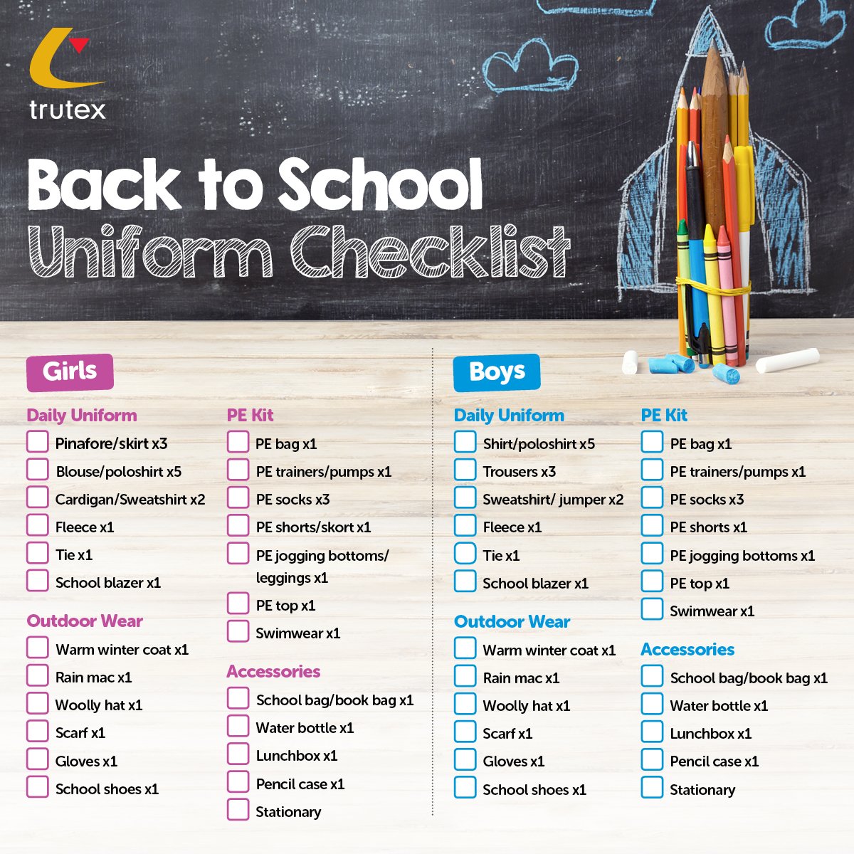The summer holidays are almost here, making it the perfect time to invest in new school uniform for the next school year. We have created a uniform checklist to make the new school year shopping less stressful.  Shop now on our new website. trutex.com.