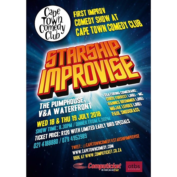 PGComicsSA's tweet photo. You can catch @StarshipImprov at @capetowncomedy 18 & 19 July for Cape Town Comedy Club's first improv show with @ChrisForrestSA @Maaskaas @mojaklehoko & @snoddie #starshipimprovise #PGComics https://t.co/yJHLY4BYkd