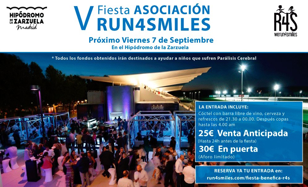 Run4S's tweet image. Ya está aquí, ¡NUESTRA V FIESTA BENÉFICA R4S! #FiestaBenéficaR4S 😊💙

🔹EL Viernes, 7 Septiembre en @HipodromoMadrid 
🔹Cocktail de 21.30 – 00.00. Luego copas hasta las 4.00.
🔹25€ Entrada Anticipada. 30€ en puerta (Aforo Limitado)

INFO y Entradas: run4smiles.com/fiesta-benefic…