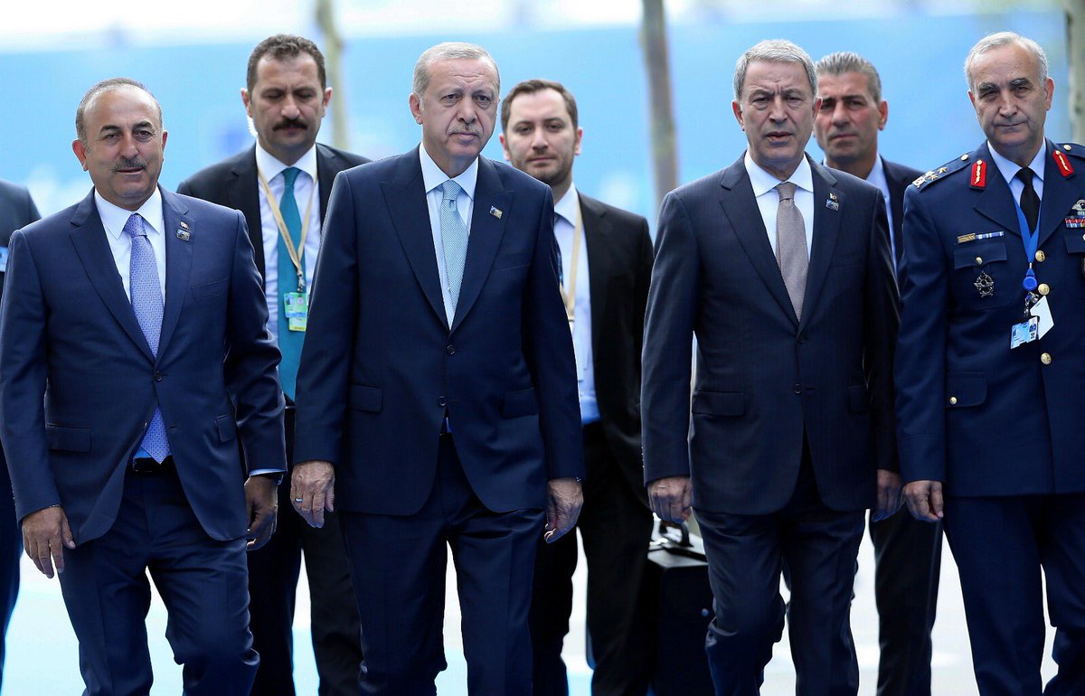 MevlutCavusoglu's tweet photo. "NATO Devlet ve Hükümet Başkanları Zirvesi"nin ikinci günü toplantılarına katılmak üzere Cumhurbaşkanımız @RT_Erdogan başkanlığında #NATO Karargahı’ndayız. https://t.co/lMlJ7sPTa5