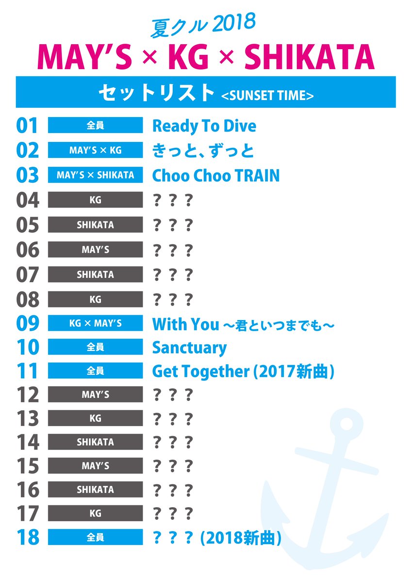 夏クル セットリストをチラ見せ
SUNSET チケットがほとんどないので お早めに

2公演共通券前売：9,000円（2d別）
【夏クルオンライン】cnplayguide.com 
【URL】natsu_kuru/
 
1公演前売り：5,000円（1d別）
【ローソン】
【Lコード：3636】（共通）
ローチケHMV　l-tike.com/n-cru