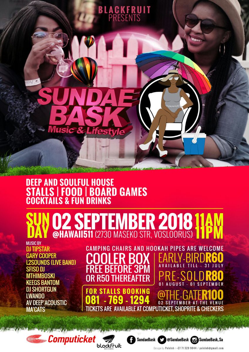 DJTipstar_SA's tweet photo. Please check out more details on the flyer 😀
#DeepAndSoulfulHouse
#Stalls #BoardGames
#Unwind
#Socialise
#Food
#FunDrinksAndCocktails #LimitedFreeMixtape
#ItsAdayThing
More details on the flyer.
****Your favourite Sunday Hangout**** https://t.co/xfe9xFqmS8