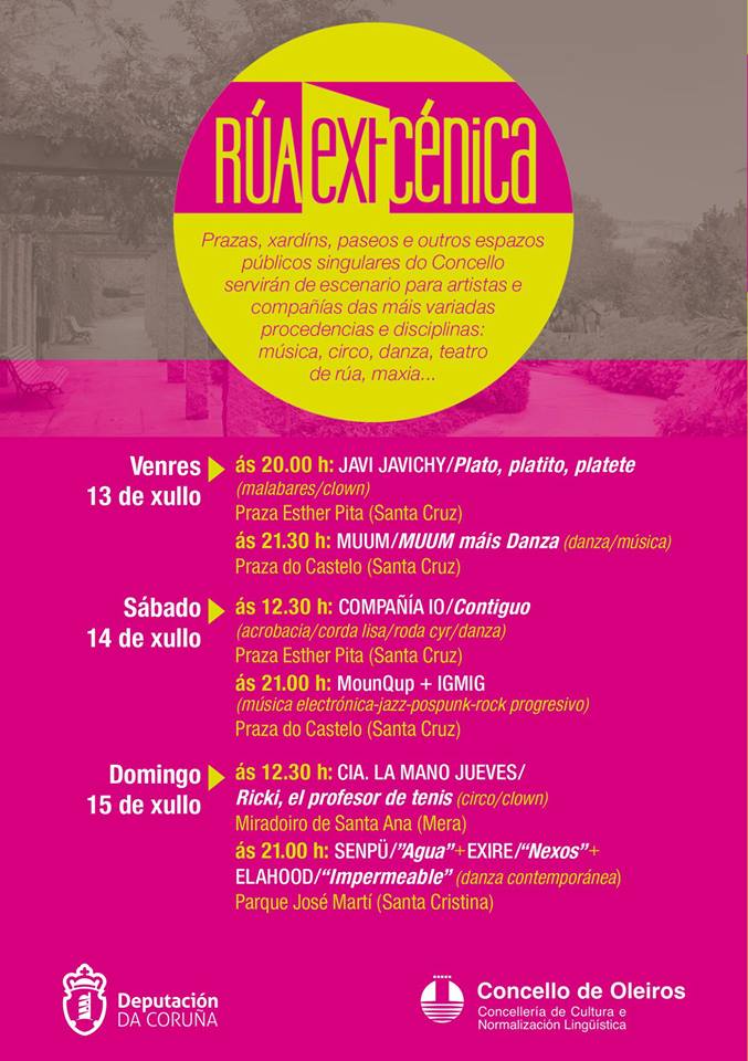 Este sábado 14 representamos 'Contiguo' en el festival #RúaExtcénica del <a href="/ConcelloOleiros/">Concello de Oleiros</a>. Muchas gracias por invitarnos y por promover la cultura de las artes de calle con este espectacular programa 😘
Os esperamos a las 12.30 horas en la plaza Esther Pita de Santa Cruz #Oleiros
