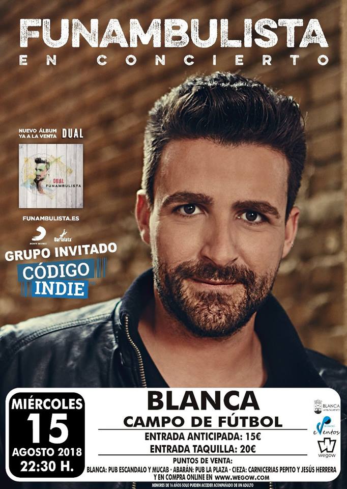Tenemos un sorteo muy especial 🎼🎤🎸👆 Sorteamos 3 entradas individuales para el concierto de @esfunambulista el próximo 15 de agosto en el Campo de Fútbol de #Blanca #Murcia  🎼🎤 aquí facebook.com/MurciaBonica/p…