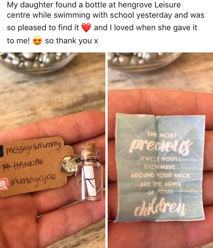 FamilyFirstRMD's tweet photo. One of our bottles has been found #hengrovelesisurecentre on the #GromitUnleashed trail.
Pleased to have made a difference to this mum and daughter. #message4mummy #messageinabottle #BristolCity #Bristol #kindness #positivity #breakingstigma https://t.co/oOS13uWFhf