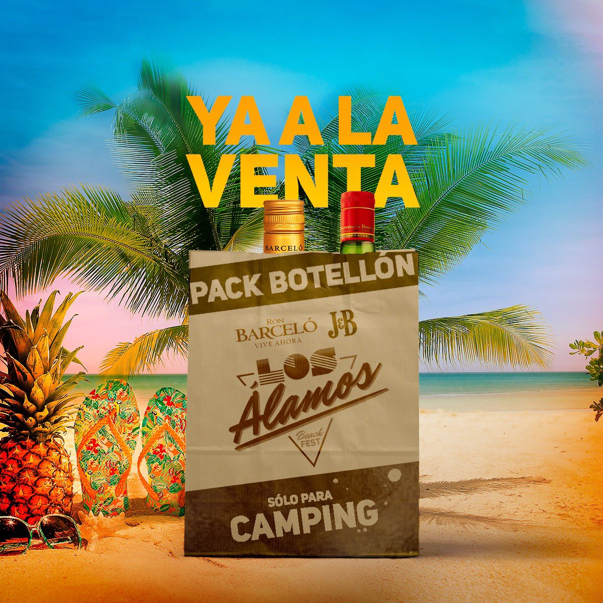 Estás en elcamping?
Lanzamos  pack botellón en bit.ly/losalamosbeach…
Imprescindible tener Abono General + Acampada o Abono Vip + Acampada para disfrutar de este pack. Incluye: 1 Botella Alcohol (Barceló, J&amp;B, Smirnoff, Ginebra...)+ Bolsa Hielo + 2 Litros Refresco + 5 Vasos.