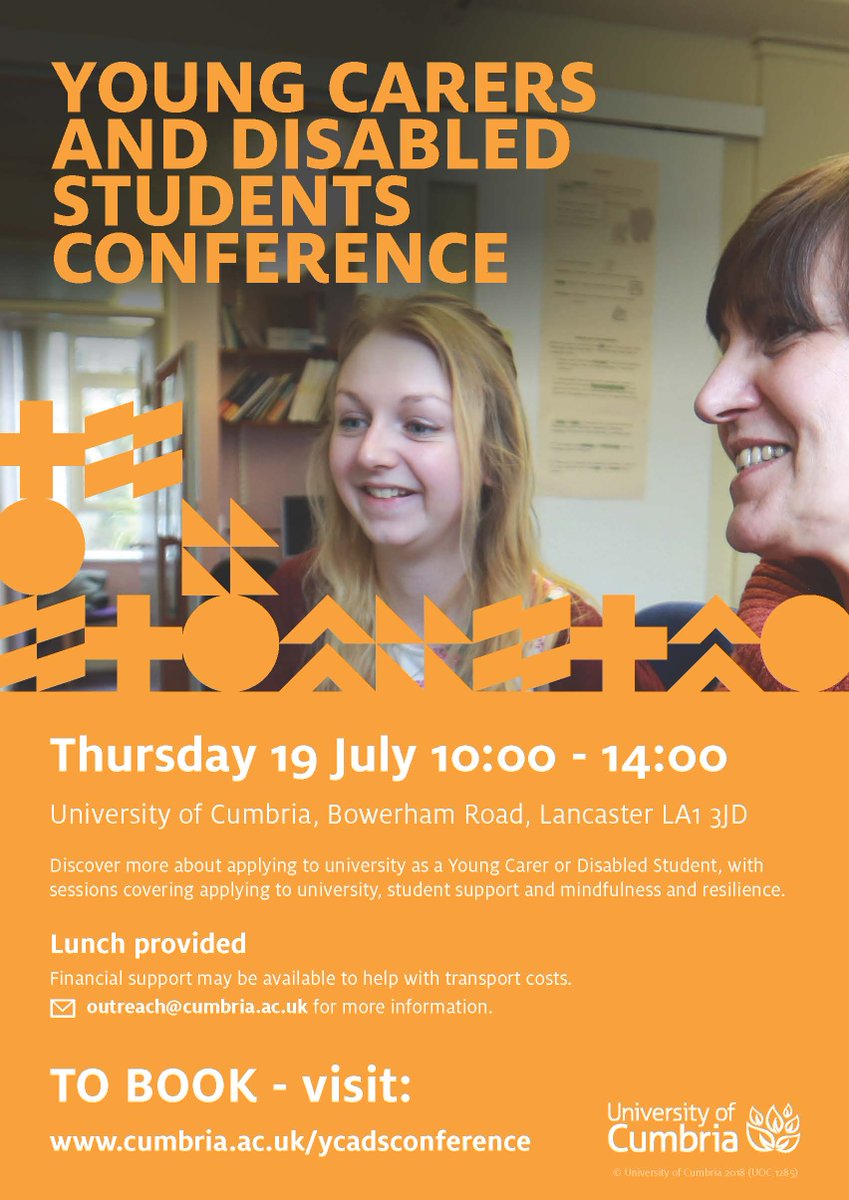 There are still places available at next weeks Young Carers and Disabled Students conference in Lancaster. Please share to spread the word! Financial support towards travel maybe available! <a href="/CYC_youngcarers/">CheshireYoungCarers</a> <a href="/YOUNGCARERSP/">Young Carers Project</a> @NYCarers <a href="/Kidsafeuk/">KidSafe UK Children's Mental Health & Safeguarding</a> @ScoYCSA <a href="/HighlandCarers/">Connecting Carers</a> <a href="/CumbriaUni/">University of Cumbria</a>