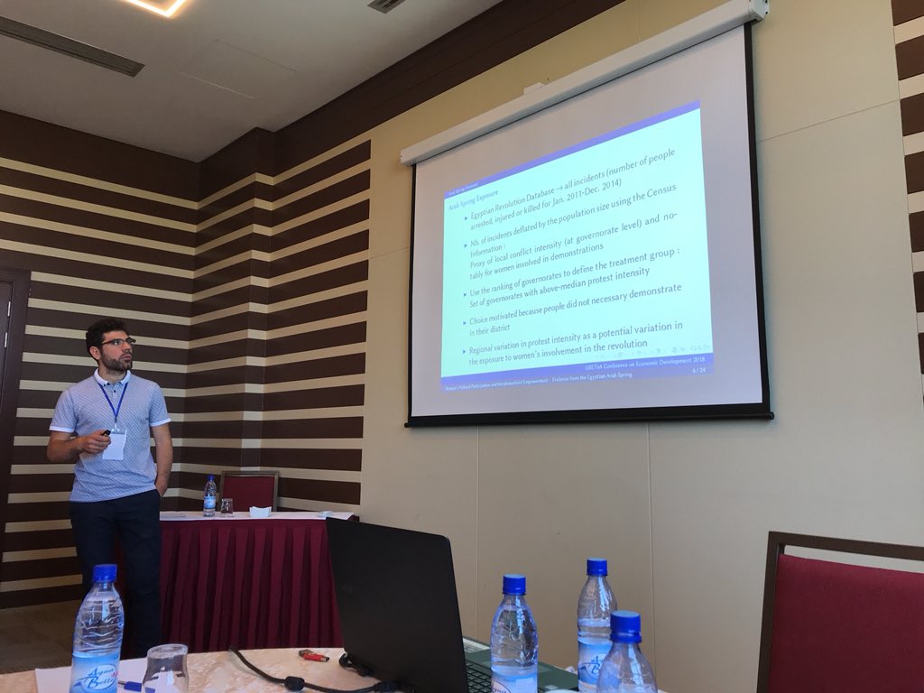 ASE_Africa's tweet photo. How did the Egyptian Arab Spring shape current Egyptian women political participation today? Learning from Dr. Champeaux about how #econometrics is employed to examine individual & collective data at #AFES2018 https://t.co/6rDWMibuih