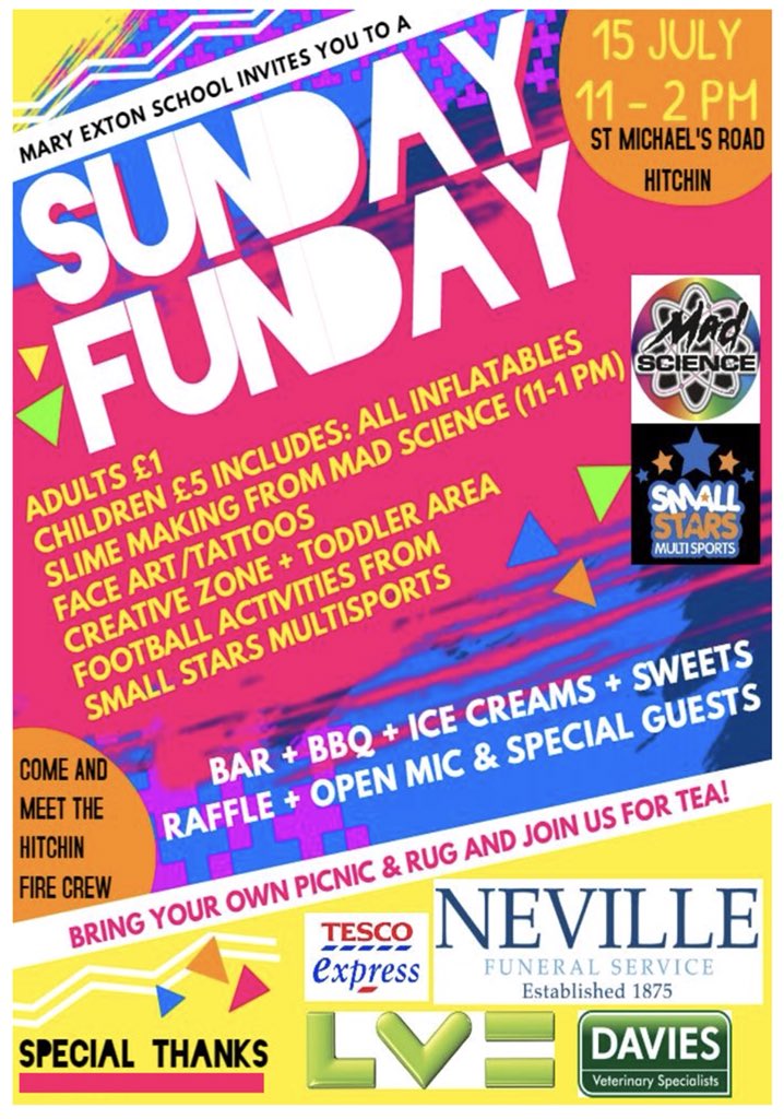 MaryExtonPTA's tweet photo. Looking for something to do this weekend?  Come along to @MaryExtonPTA Sunday Funday - everyone welcome!

Children £5 includes:
All inflatables
Slime Making (11-2pm)
Face art/Tattoos
Creative Zone
Toddler Area
Football activities

+ LOTS MORE! https://t.co/aSSfPYgHeO #Hitchin https://t.co/rtpKWKEHDY