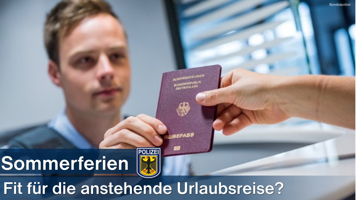 Morgen startet #NRW in die #Sommerferien .
Haben Sie sich gut auf Ihre Flugreise vorbereitet und an alles gedacht? Die #BPOL gibt noch schnell einige Tipps, damit Sie problemlos abheben können.

✈️Ausweis
✈️Gepäck
✈️Sicherheit

Unsere Hinweise:  bundespolizei.de/Web/DE/01Siche…