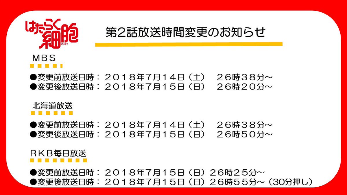 はたらく細胞 公式 第2話放送日 時間変更のご案内 7月14日 土 は第2話 すり傷 の放送 ですが Mbs 北海道放送では放送日変更 Rkb毎日放送では放送時間の変更がございますのでご視聴 録画の際はお気をつけください T Co Cxvkmybepf