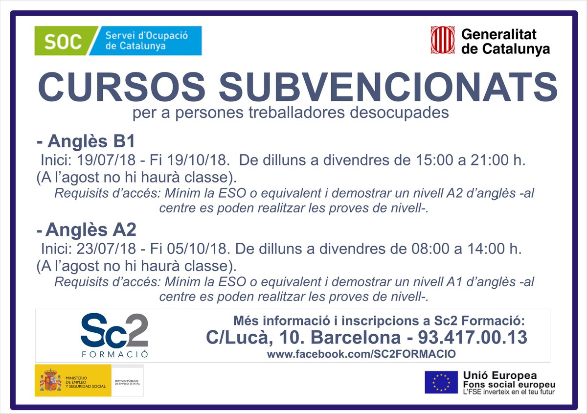 SC2Formacio's tweet photo. Ets una persona treballadora en situació d'atur? Aprofita l'estiu per fer un #cursangles A #Sc2 iniciem 2 cursos de nivell #anglesA2 i #anglesB1 del @ocupaciocat que t'ajudaran a millorar les teves competències lingüistiques. No perdis l'oportunitat❗️💯subvencionat 👩🎓👨🎓 https://t.co/sj3HoSDjCr
