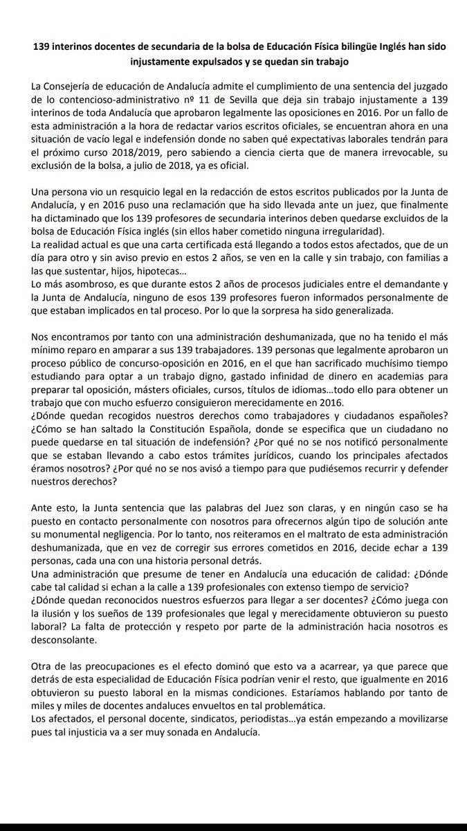 Juan_10rdc's tweet photo. La Consejería de Educación de Andalucia expulsa de la bolsa bilingüe de educación física a 139 interinos con tiempo de servicio por un fallo de su propia administración sin informarles previamente https://t.co/9HCwpM90zZ