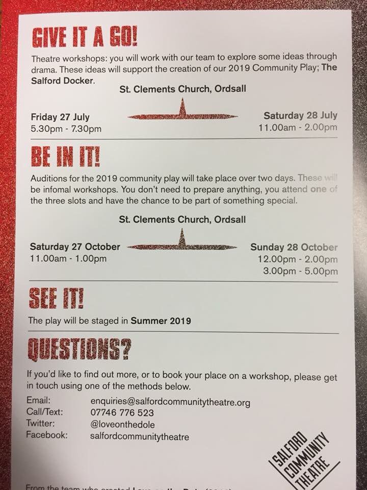 Great opportunity for budding actors to get involved or for professionals to contribute to the arts in their local community. Get in touch with <a href="/loveonthedole/">SalfordCommunityPlay</a> on 07746776523 or enquiries@salfordcommunitytheatre.org 🎭❤️🌏