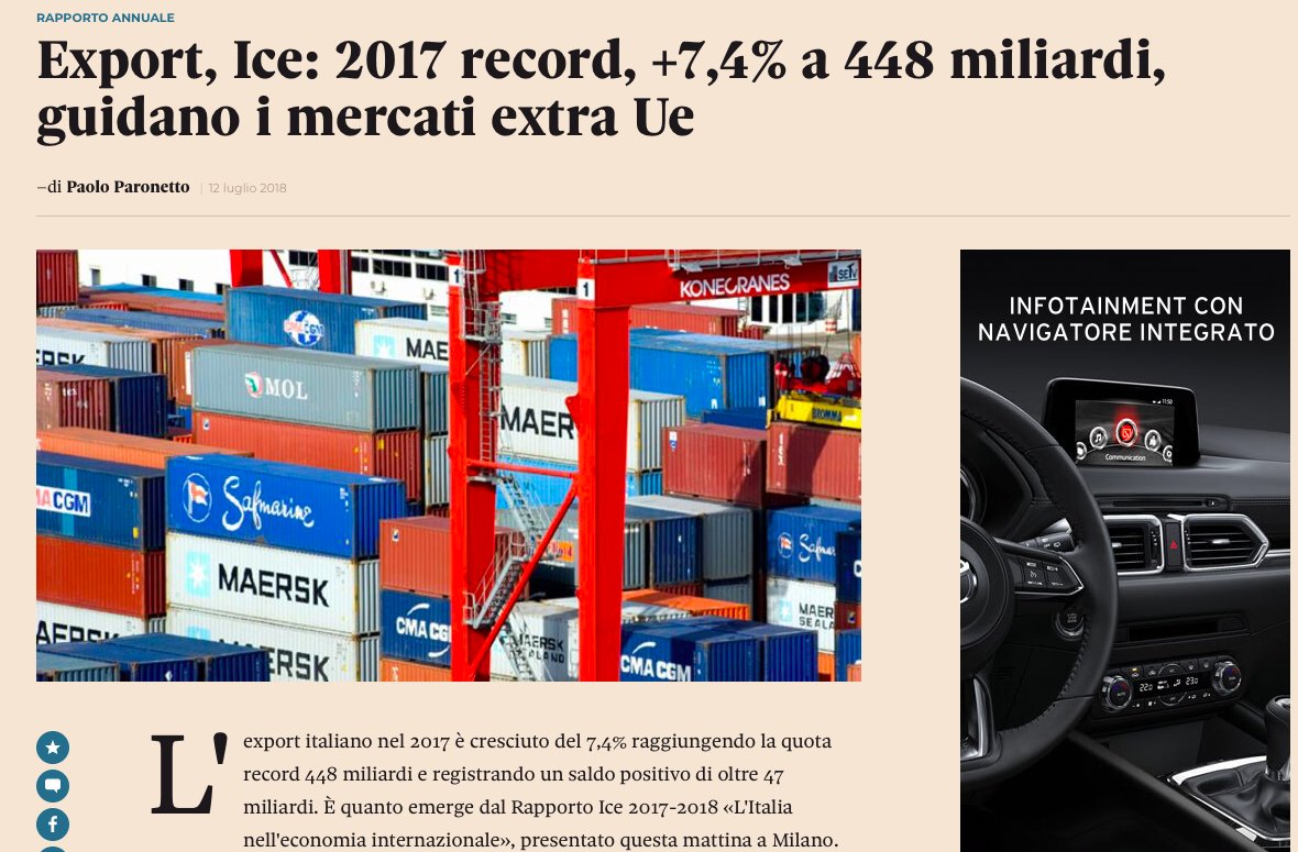 ITAtradeagency's tweet photo. Paolo Paronetto su Il @sole24ore fa un resoconto dei principali dati sul commercio estero e sulle politiche di internazionalizzazione presentati dai nostri relatori durante il #RapportoICE2018➡https://t.co/zcgrwRAXzu https://t.co/nPRB7oNQtU