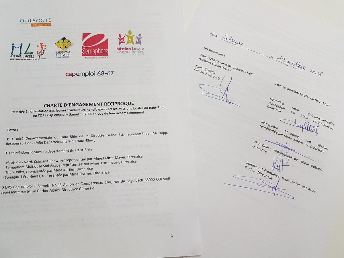 MiLo_Colmar's tweet photo. Signature aujourd'hui de la Charte d'engagement réciproque entre les 4 #MissionsLocales du #HautRhin et #Capemploi #Sameth pour formaliser nos complémentarités au service des  #jeunes en situation de #Handicap @UNmissionlocale @DMML_gouv @capemploi https://t.co/NElEfuDCmw