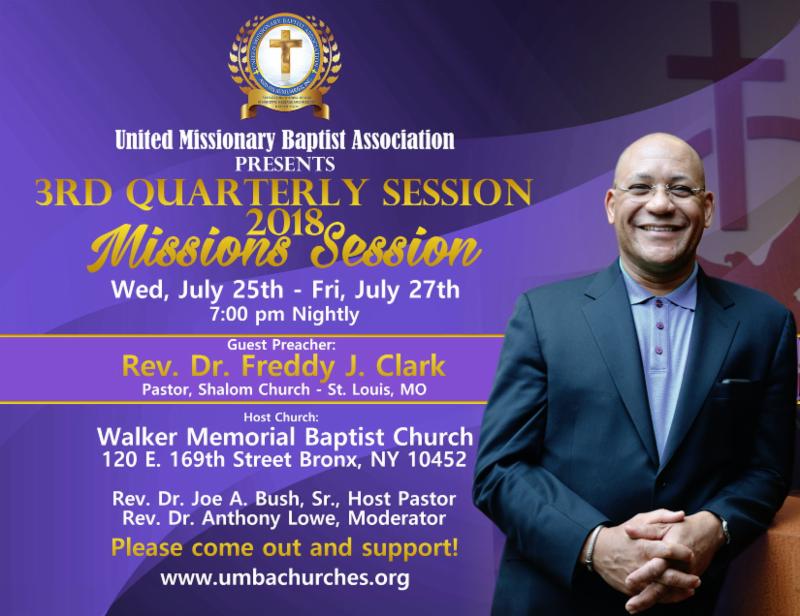 We are honored to have <a href="/pasfjc/">Freddy Clark</a> as Guest Preacher for UMBA's Third Quarterly Session. Meet us Weds-Friday, July 25-27 at the Walker Memorial Baptist Church. <a href="/UMBAMINISTERS/">UMBA MINISTERS</a>
