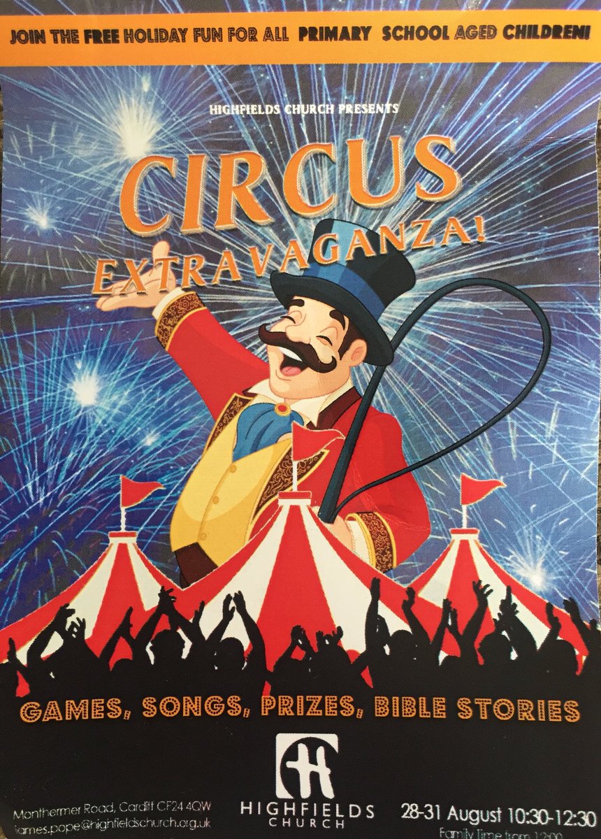 Highfields church on Monthermer Rd, Cathays are holding a free circus themed kids holiday club 28-31 August at 10.30am-12.30pm. Details on flyer...