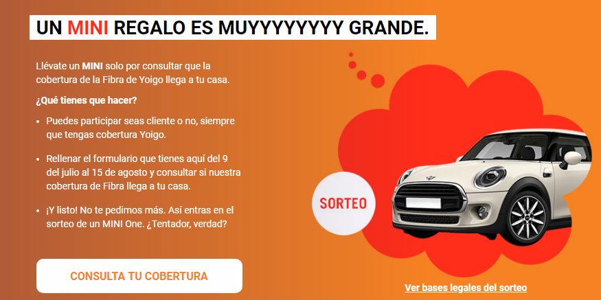 comprar_ofertas's tweet photo. Sorteo de un espectacular Mini https://t.co/4cOLfYd3s1
En Yoigo, comprueba cobertura ¡¡¡Sorteamos un Mini!!! 🚗
Entra a una landing donde realizar consulta
Una vez completada  accedes al sorteo del MINI
Consultas por teléfono NO entrarán al sorteo.
#sorteo #Mini https://t.co/d3O1L3CCmx