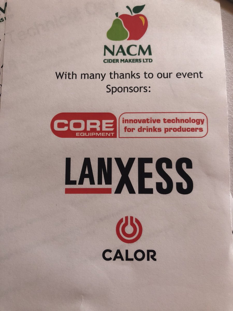 CiderQueenBee's tweet photo. #NACM #Technicalday2018
@CiderNatters would like to thank @LANXESS @Core_Equipment and @officialcalor for their kind support of our event. https://t.co/ixubua3YhR