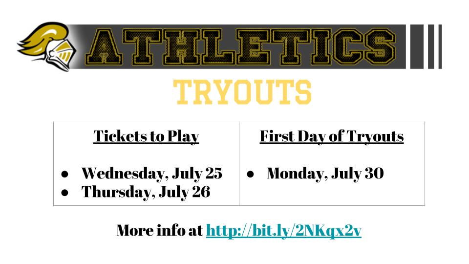 Want to be a fall student-athlete? Tickets to Play on July 25 &amp;  July 26. First day of tryouts is July 30. Follow <a href="/KhsAthletic/">KHS Athletic Booster</a> and see bit.ly/2NKqx2v  for additional info. @KnightsVision1 @KHSCDVOICE