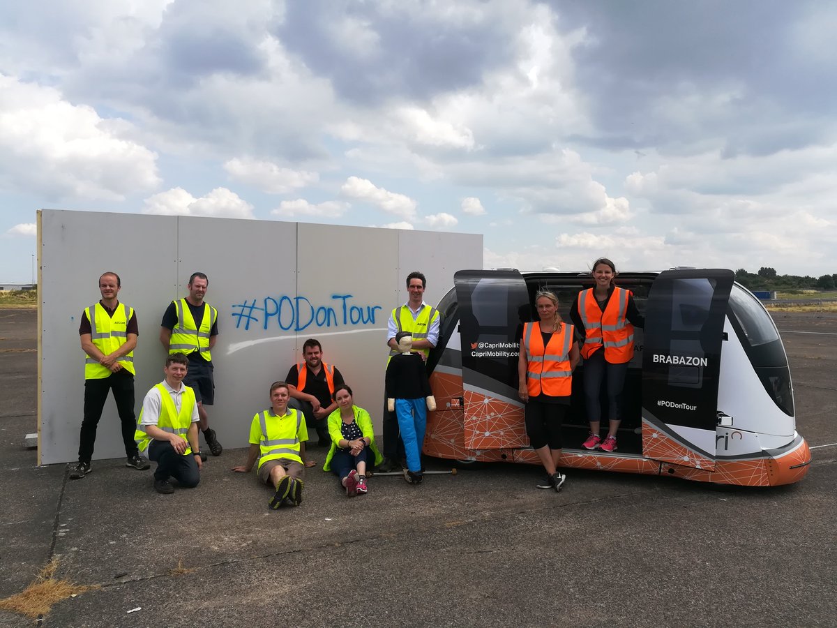 EviePods's tweet photo. @CapriMobility AEB test and trial team at Filton Airfield! #PODonTour #FiltonAirfield #AutonomousPOD #TheFuture #TeamWork https://t.co/XRiEe6pzS7