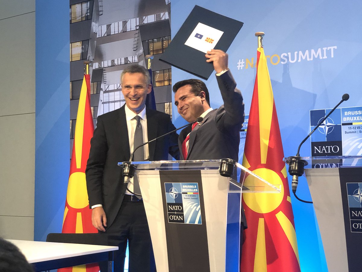 NATOpress's tweet photo. [BREAKING] SG @jensstoltenberg informs PM @Zoran_Zaev 🇲🇰 that #NATO has decided to invite his government in #Skopje to begin accession talks #NATOSummit

🎥 Watch live here: https://t.co/Y4xMP8aul3 https://t.co/q6KtGtHzSN