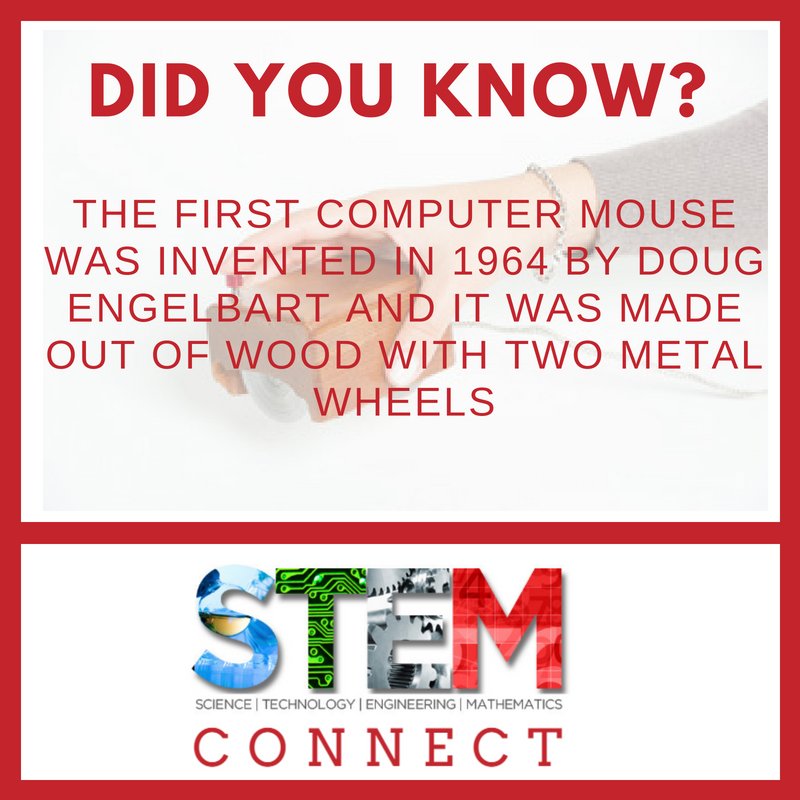 Did You Know: The first computer mouse was invented in 1964 by Doug Engelbart and it was made out of wood with two metal wheels #STEMConnect #STEM #Engineering #WoodenMouse #Computers #Gottastartsomewhere