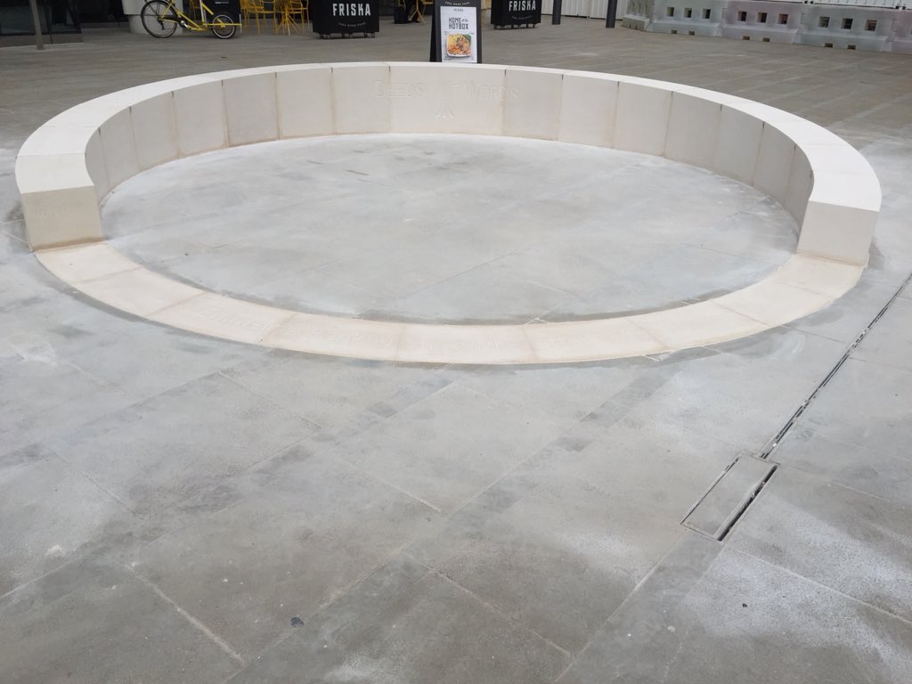 The meeting circle where <a href="/OurEmmeline/">Our Emmeline</a> will stand in St Peter’s Square, Manchester, is now complete and already working. Got talking to a passerby while taking these pics and he hadn’t realised that Emmeline Pankhurst was a local. Until now. #RadicalManchester