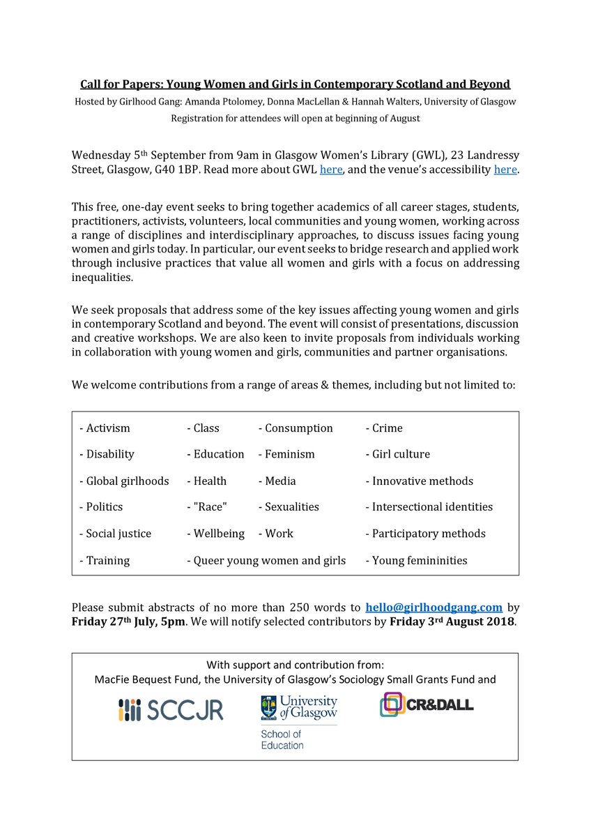 MaclellanDonna's tweet photo. My first tweet...I am excited, &amp; honoured, to be a member of the @GirlhoodGang. We are organising our first event 'Young Women &amp; Girls in Contemporary Scotland &amp; Beyond' at the fabulous @womenslibrary. Delighted to share our CfP. Thanks @TheSCCJR &amp; @UofGlasgow for all the support https://t.co/8VpnZx88c8