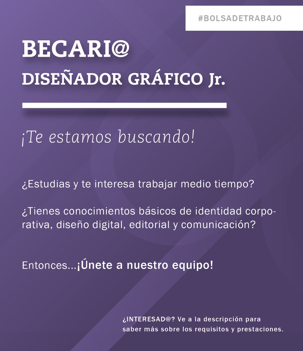 SmartByteMX's tweet image. BECARIO@ DISEÑO GRÁFICO (2 vacantes) #BolsaDeTrabajo #Estudiando #CDMX 
Carrera diseño gráfico o afín
Medio tiempo
Zona para laborar: Anzures CDMX
Sueldo: 100% nómina

Envía tu CV y portafolio (escolar o profesional) a comunicacion@smartbyte.com.mx