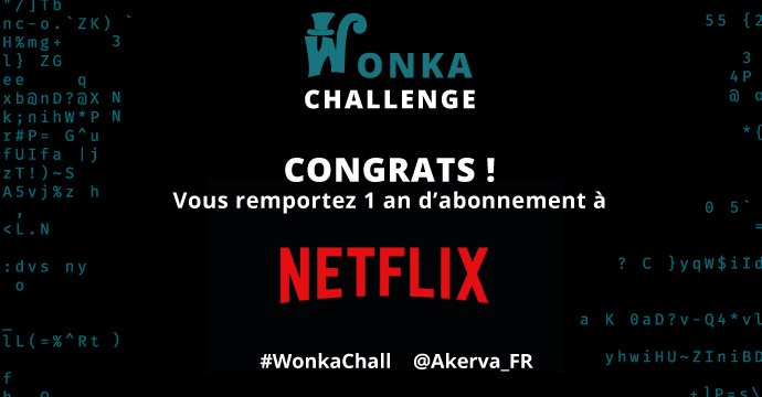 [ #WonkaChall 🎩 ] : Toutes nos félicitations à tous nos gagnants 🍻 ! 
Congrats à <a href="/shadow_gatt/">Shadow_gatt</a>, <a href="/sacriyana/">Sacriyana</a> &amp; Pouet qui repartent avec 1 an d'abonnement à <a href="/NetflixFR/">Netflix France</a>  ! #ndh16 <a href="/asso_hzv/">HZV</a>
Pour en savoir plus sur le Wonka Challenge : akerva.com/blog/